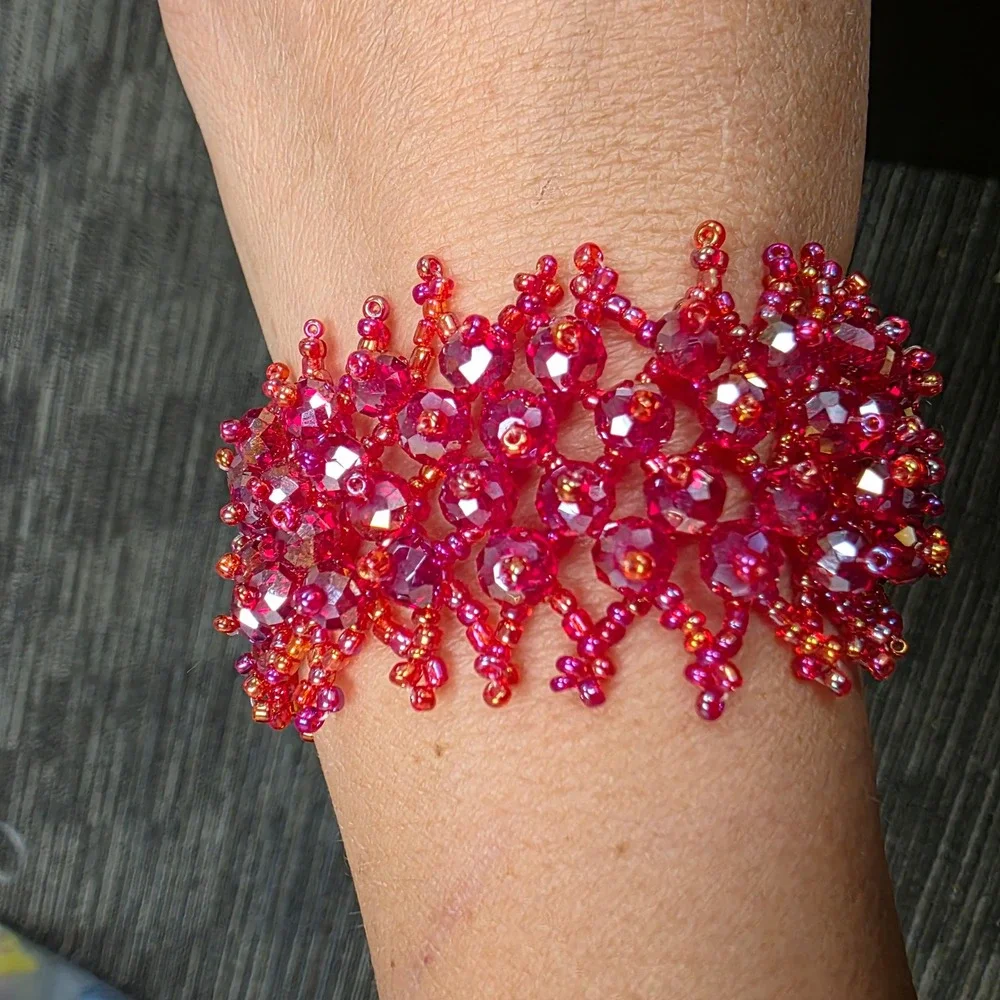 Handmade Magenta Red Beaded Cuff Bracelet Faceted Glass Seed Bead Statement 7.5